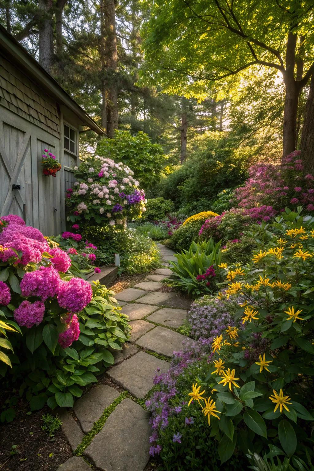 Colorful accents bring life to the shady garden.