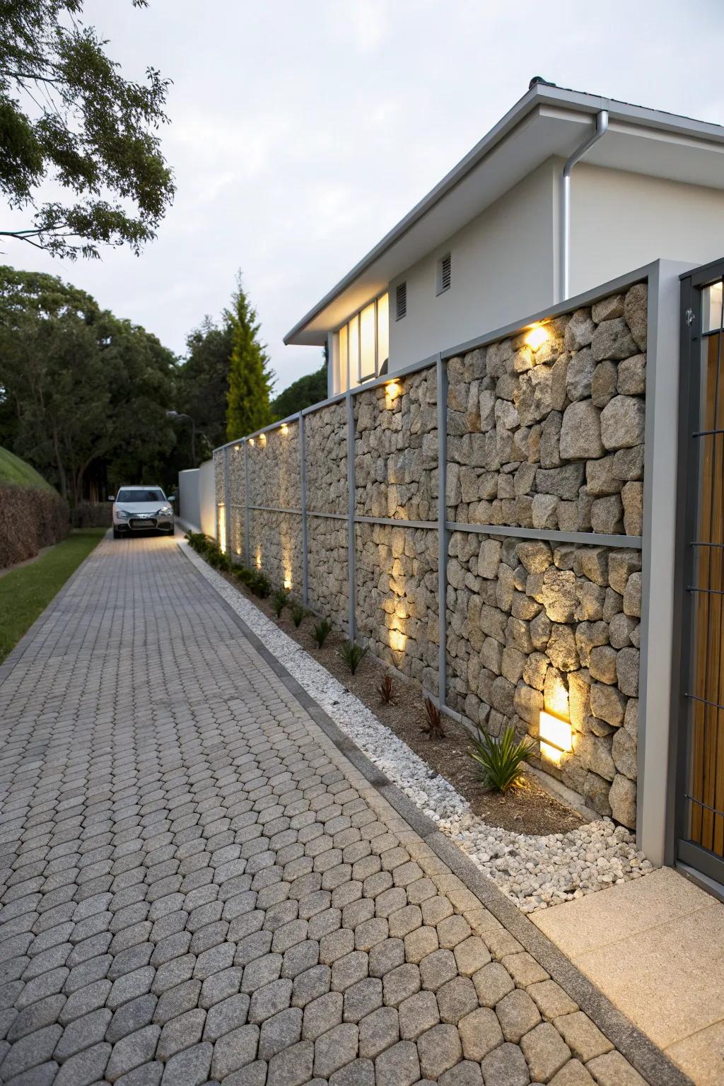 A gabion wall provides a unique and durable aesthetic for shared spaces.