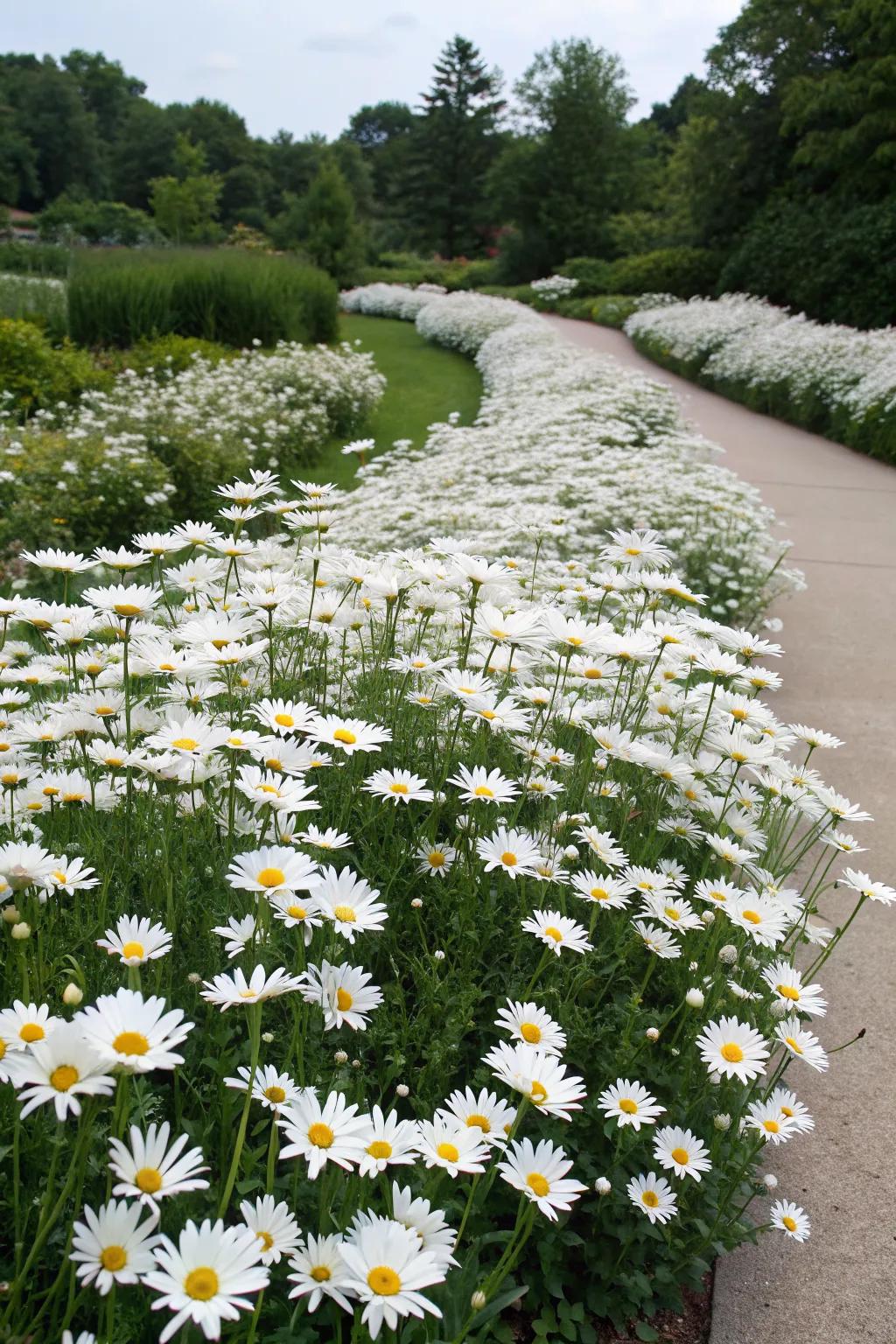 A breathtaking mass planting of Shasta daisies, creating a sea of white.