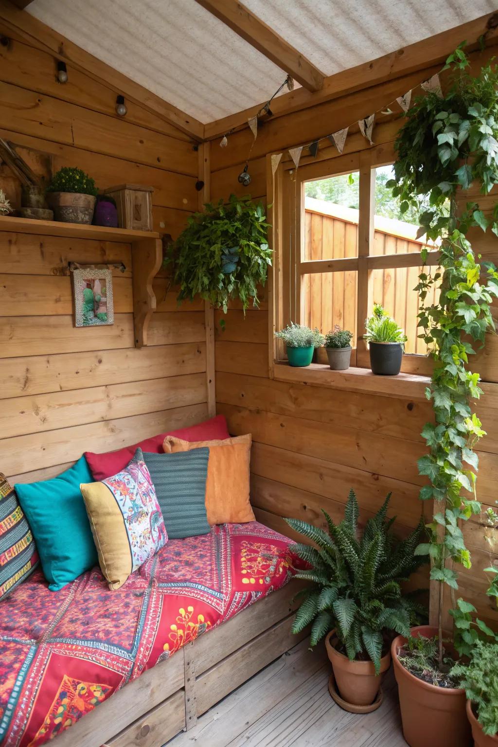 Vibrant decorative touches in a shed cabin