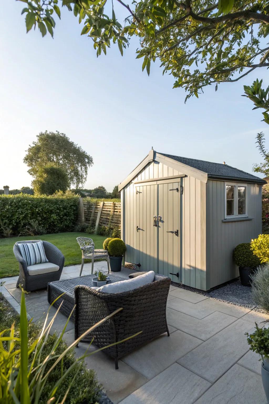 A shed seamlessly integrated with a patio area.