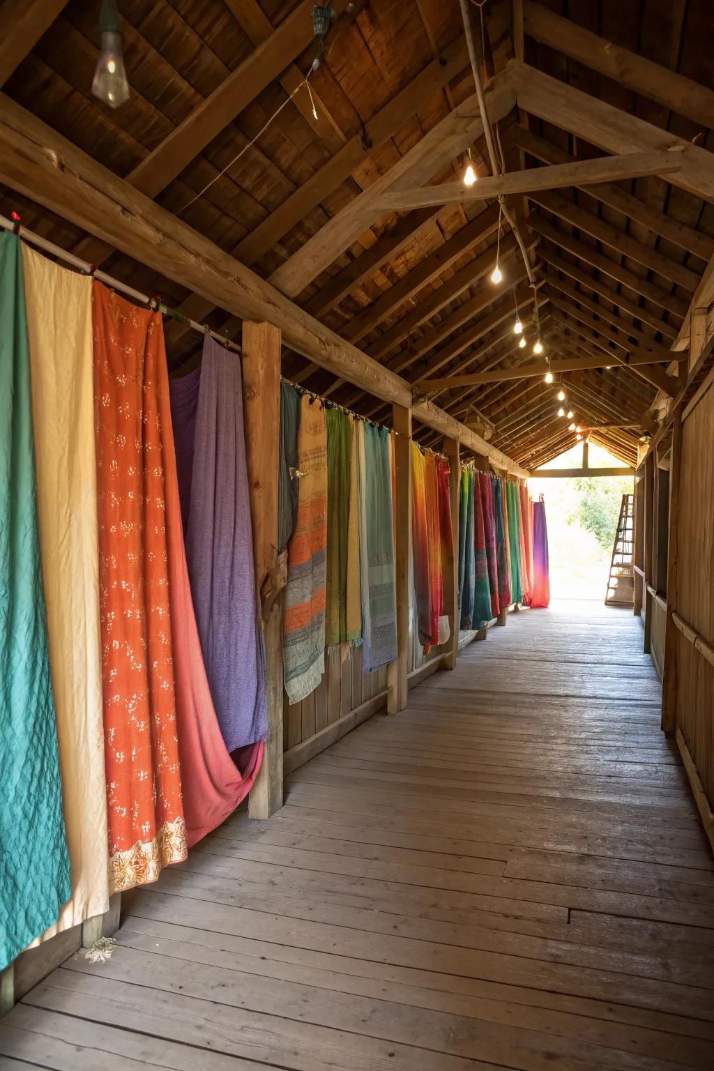 Elegant fabric drapes add a soft touch to shed walls.