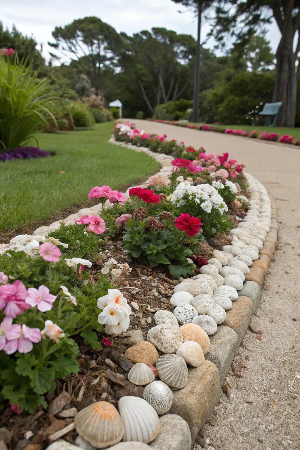 Achieve a polished look with seashell-bordered flower beds.