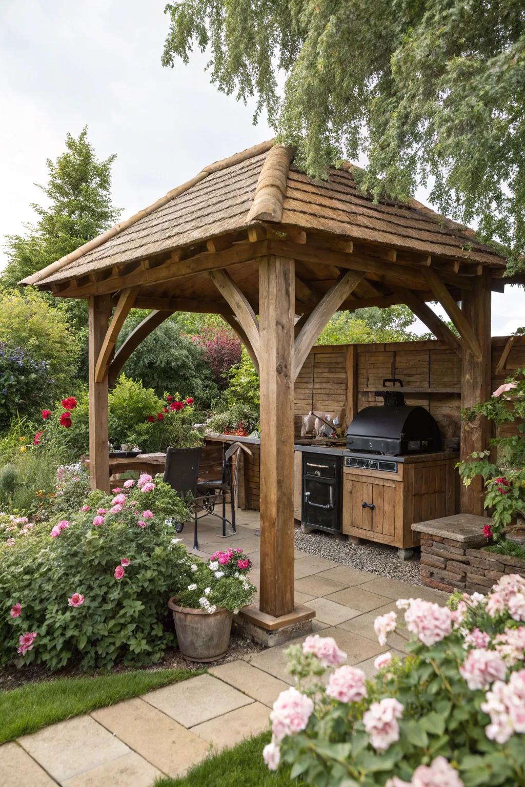 A rustic wooden shelter effortlessly complements a natural setting.