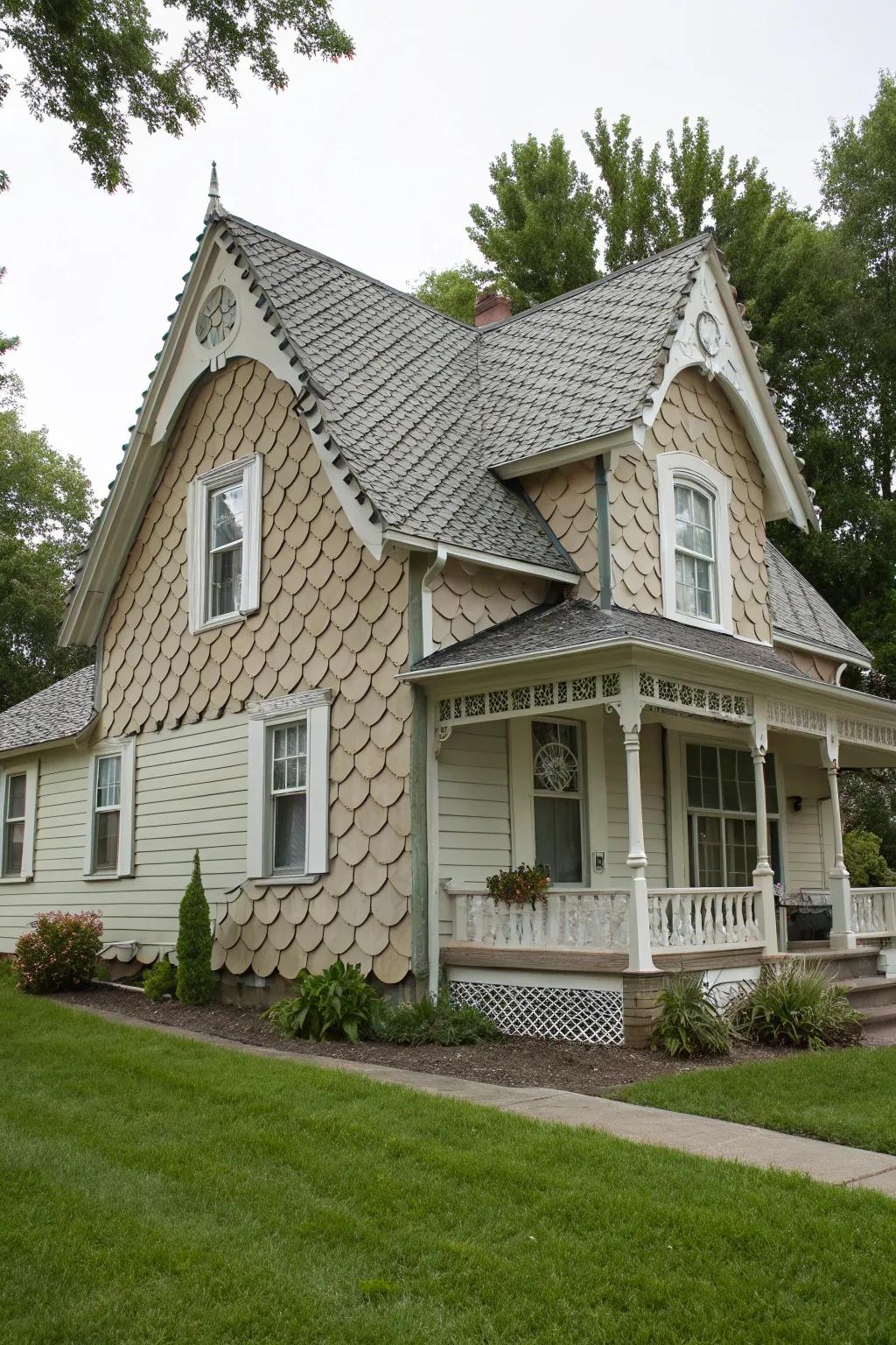 Whimsical charm with scalloped shingles.