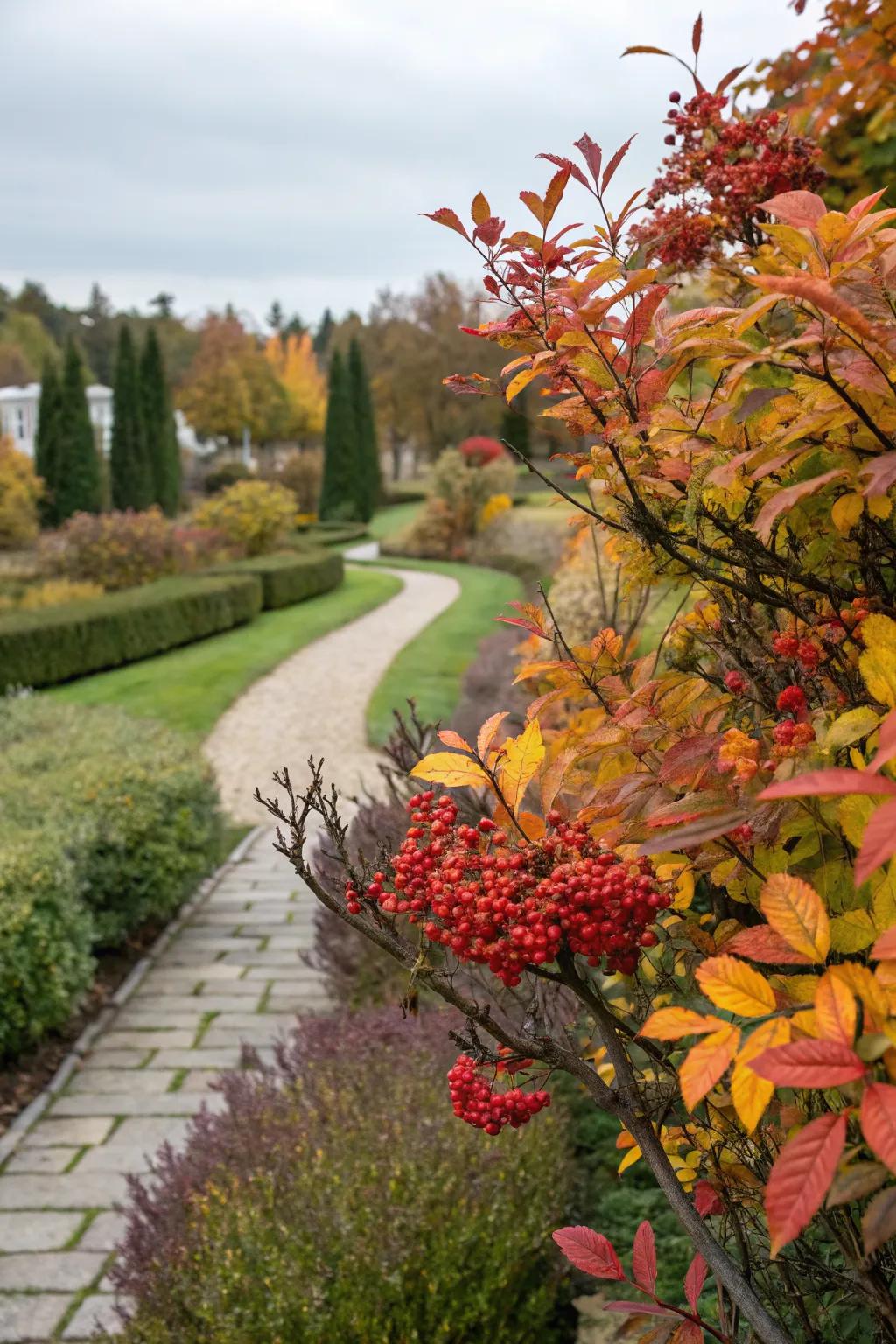 Seasonal interest through colorful foliage and berries.