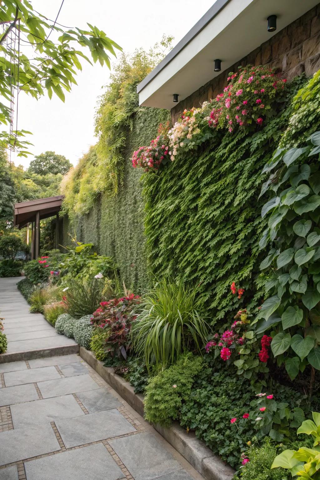 A living wall creates a vibrant, green backdrop in a side garden.