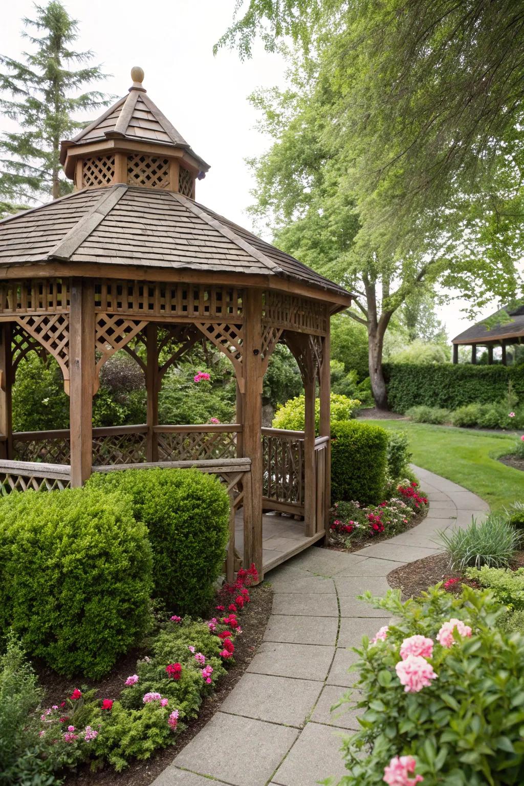 A gazebo provides a charming, shaded structure for relaxation.