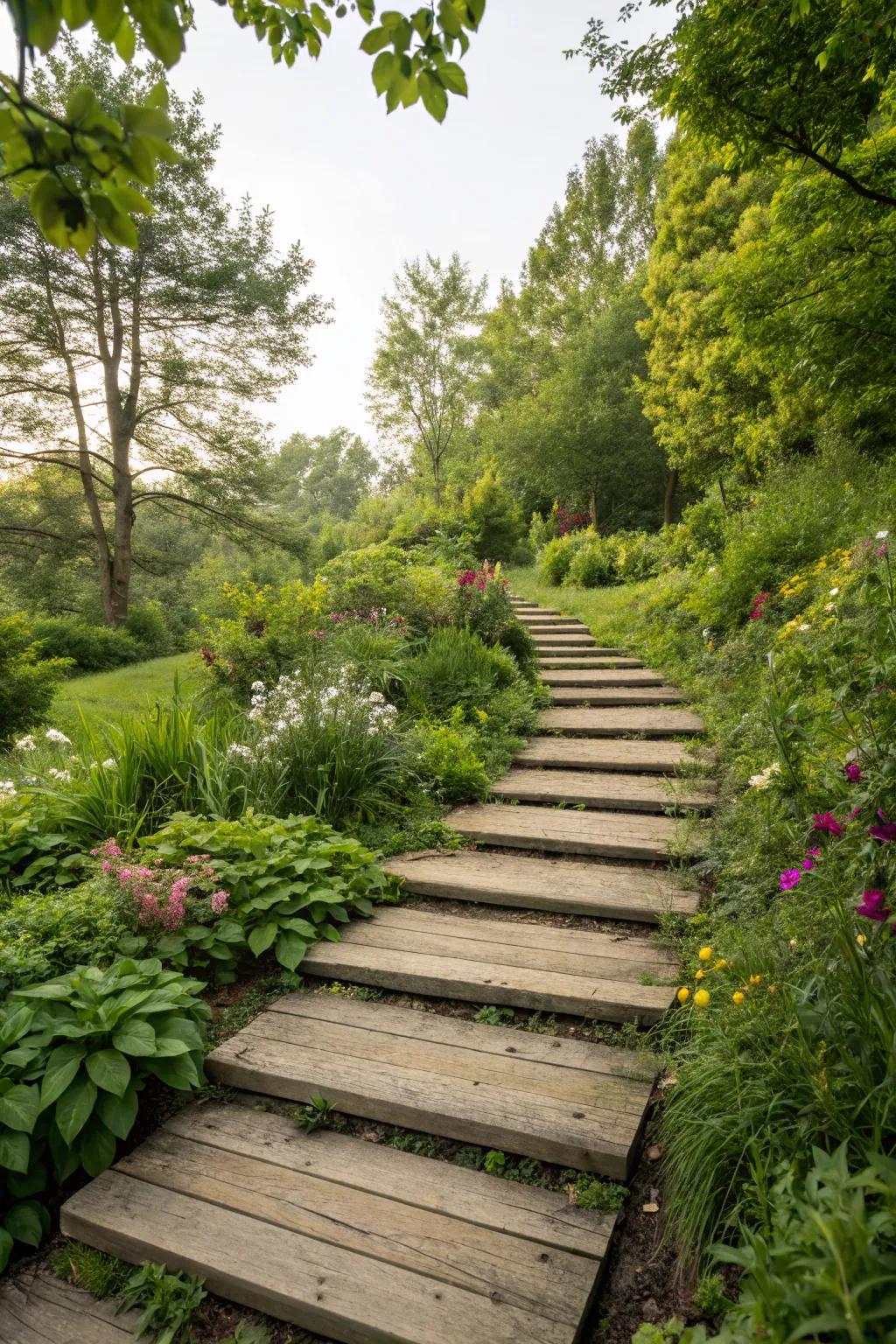 Wooden platforms bring warmth and texture to your path.