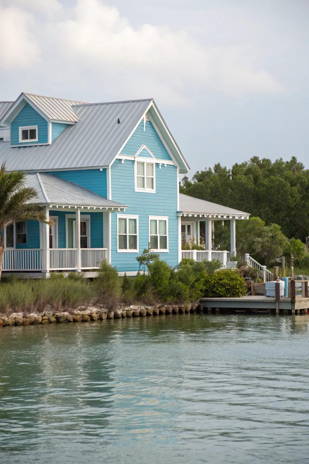 Blue siding with white trim offers a timeless, nautical charm.