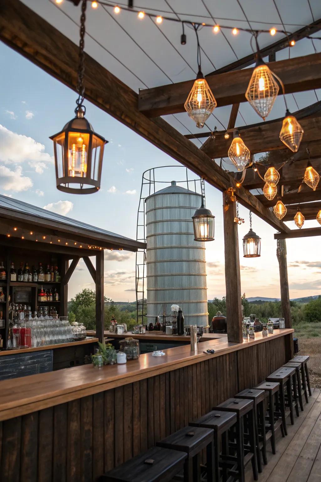 Creative lighting fixtures enhancing the charm of a silo bar.
