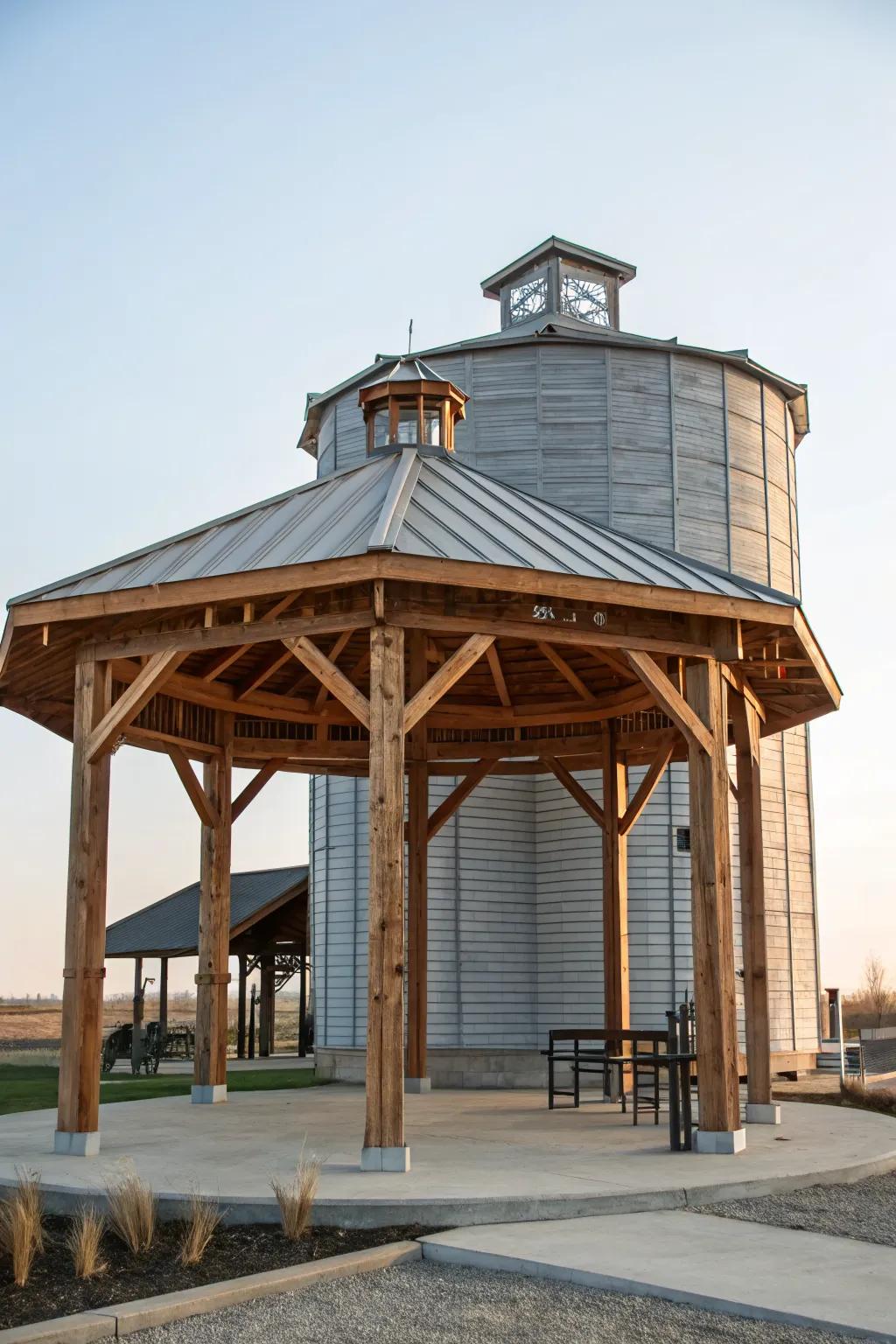 A beautiful blend of wood and metal in a silo gazebo.