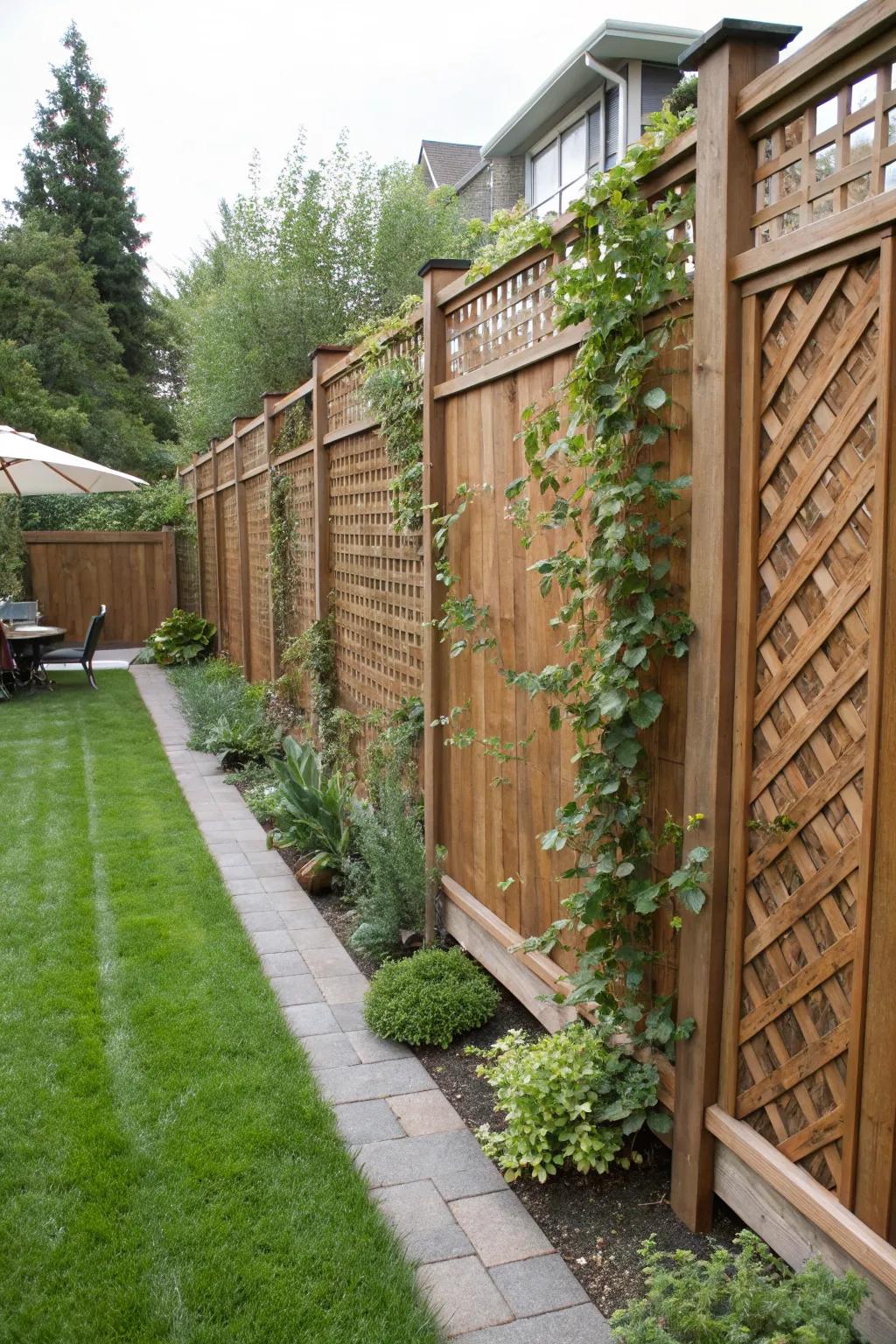 Privacy screens offer seclusion and a canvas for lush climbing plants.