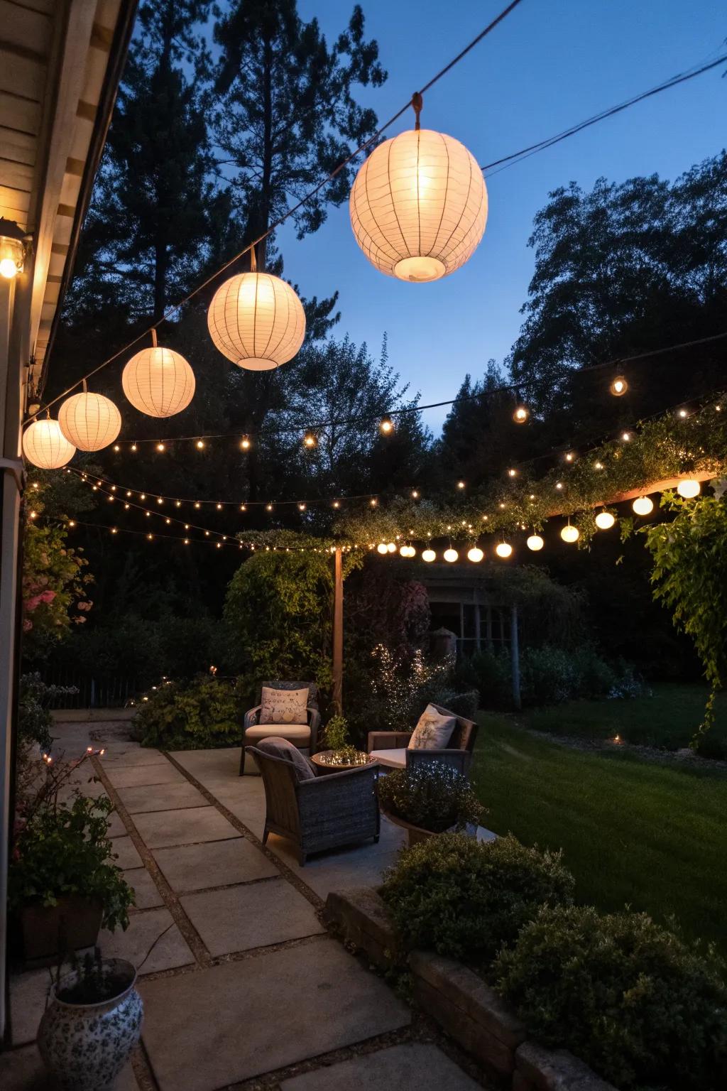 Hanging lanterns create an enchanting evening atmosphere.