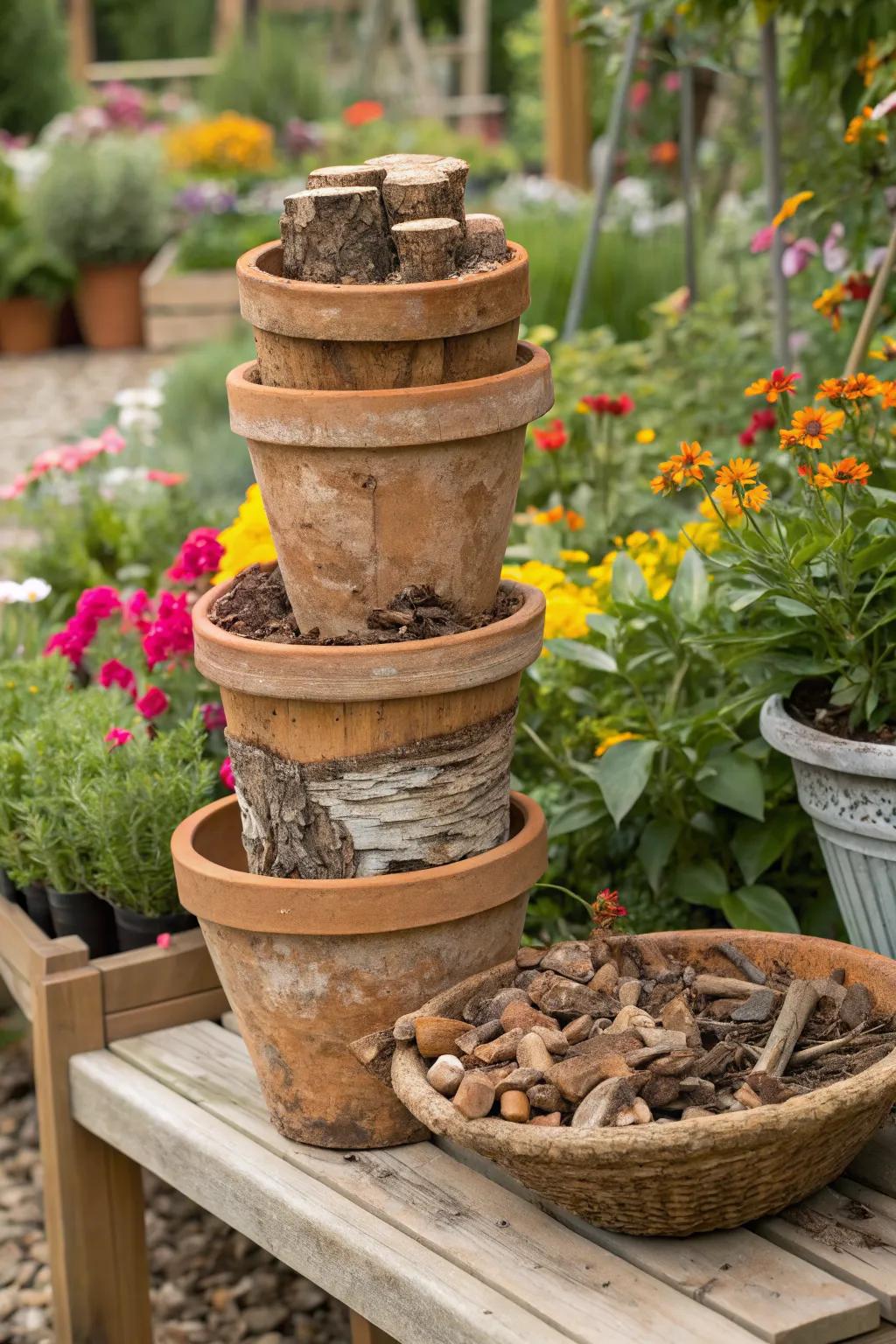 A quaint clay pot bug hotel in the garden.