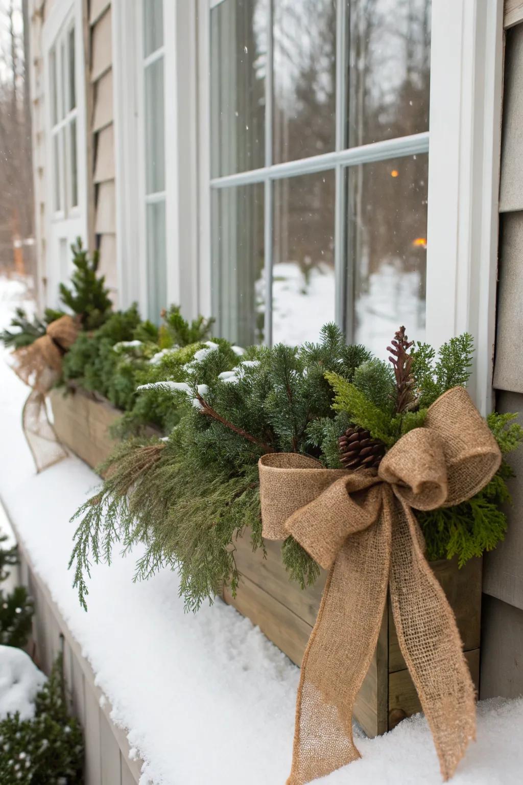 Burlap ribbons introduce a rustic touch to the festive decor.