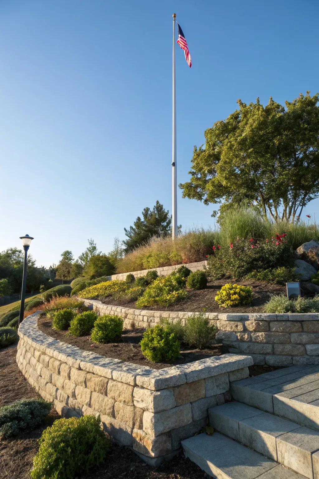 A raised bed gives your flagpole extra dimension and prominence.
