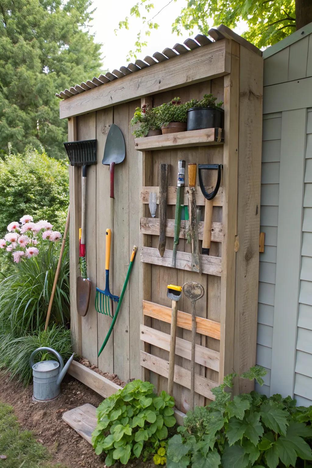 Organize your garden tools efficiently with a pallet organizer.