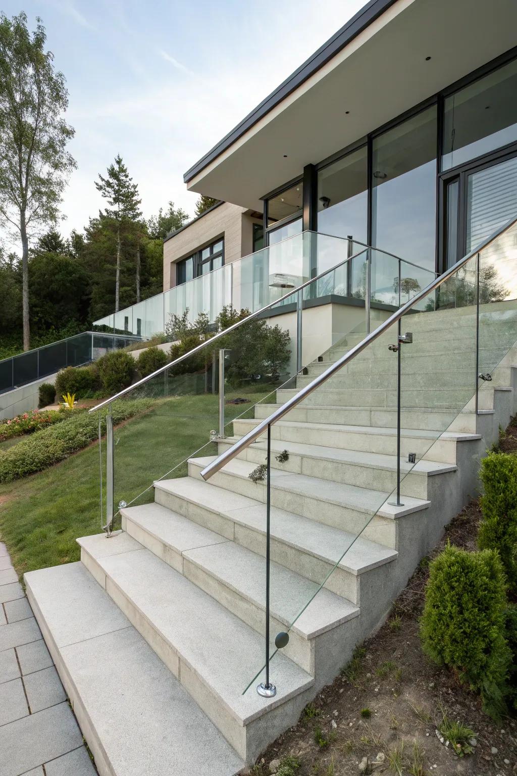 Glass panels provide a sleek, seamless look to these concrete steps.