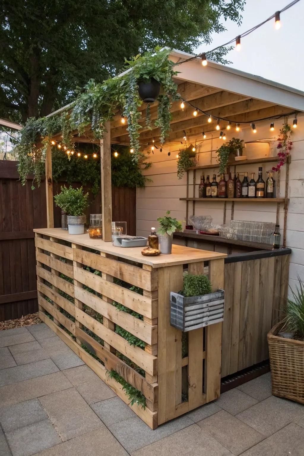 A budget-friendly DIY pallet bar, perfect for adding a personal touch to any garden.