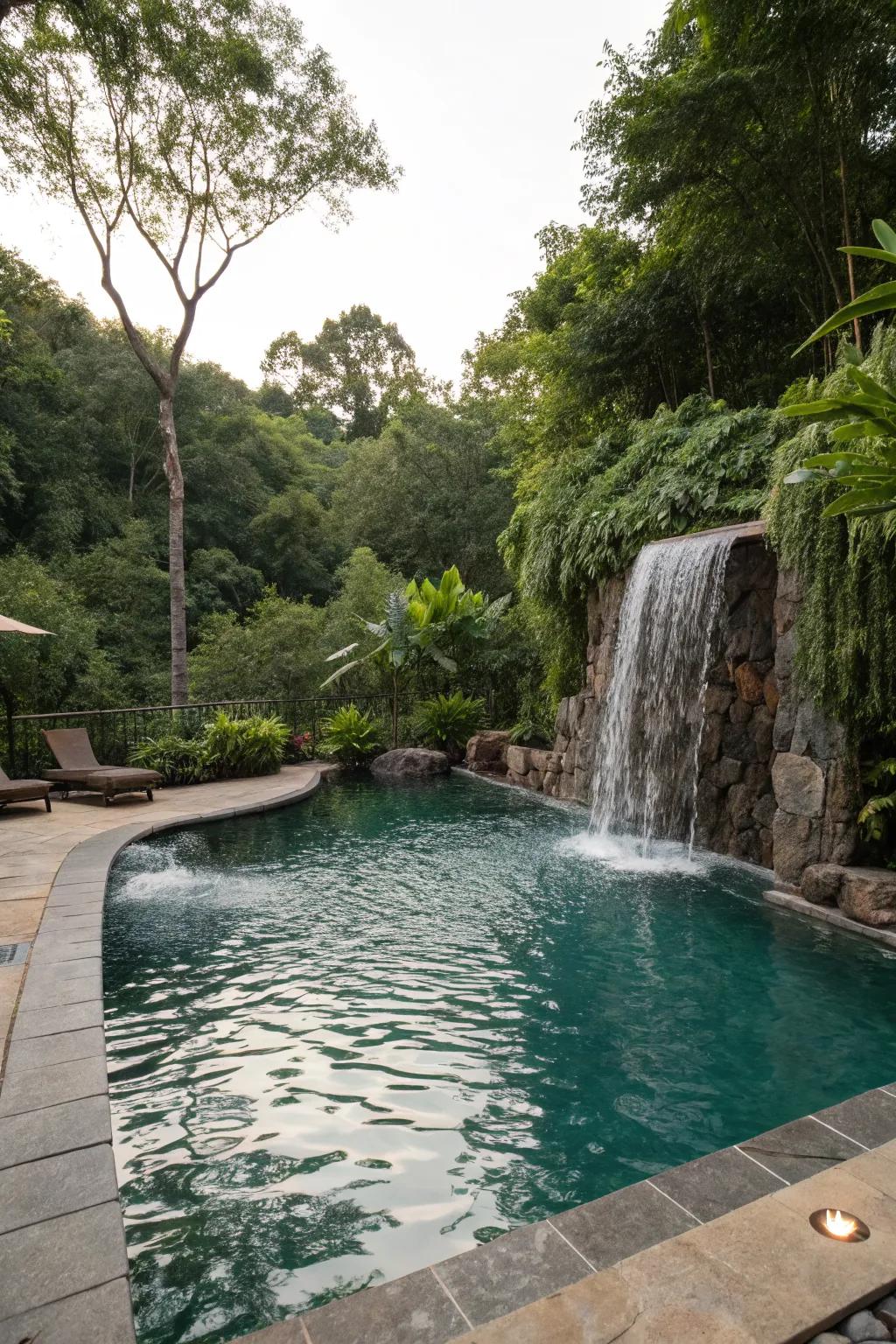 Greenery enhances the natural ambiance of a pool waterfall.