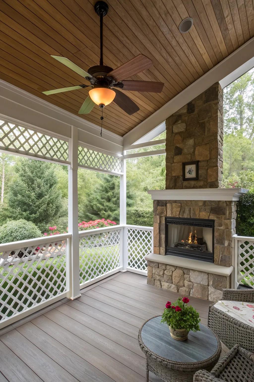 A ceiling fan complements the screened porch's airy design.