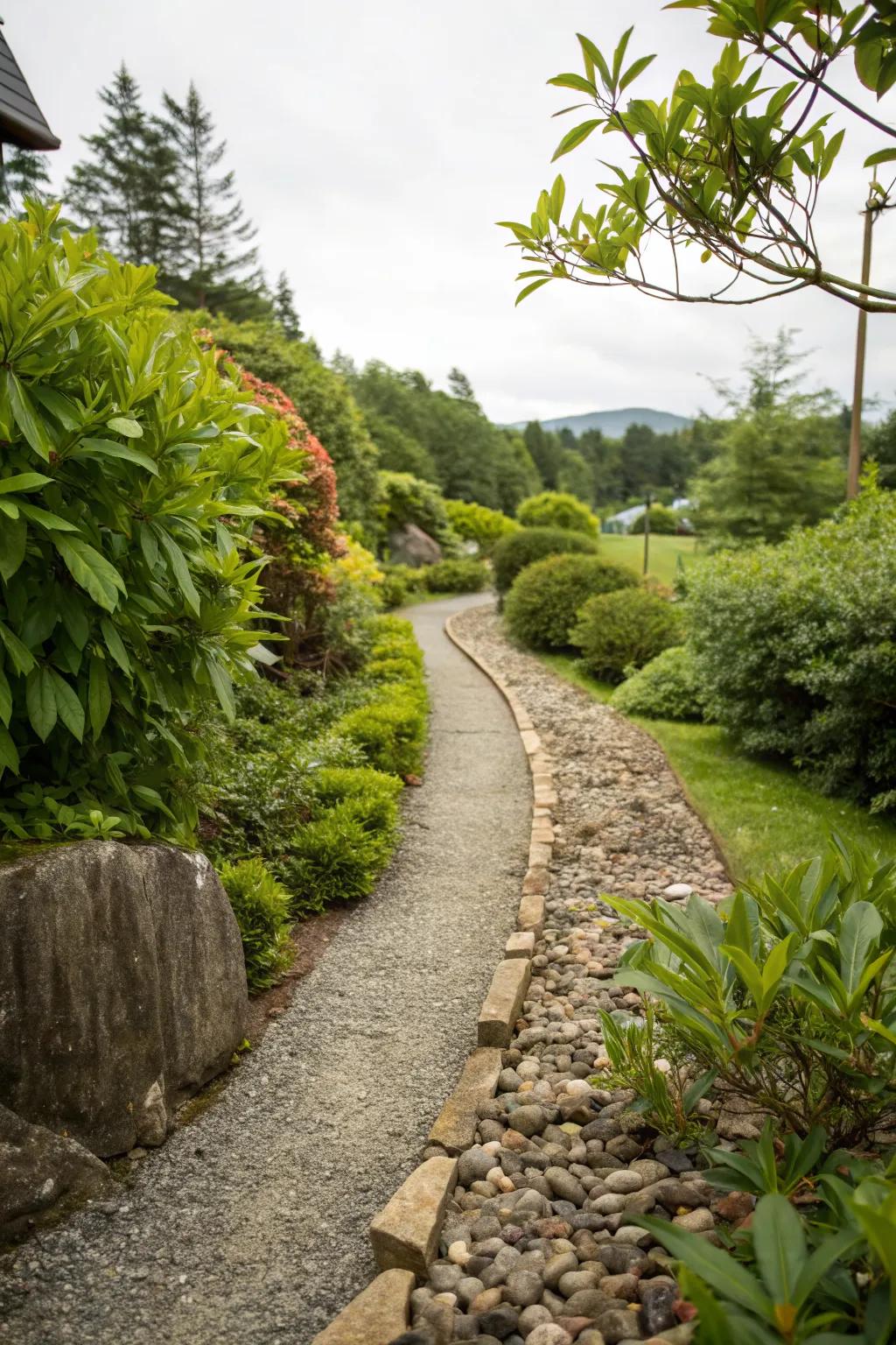 Small rocks neatly border this inviting garden walkway.