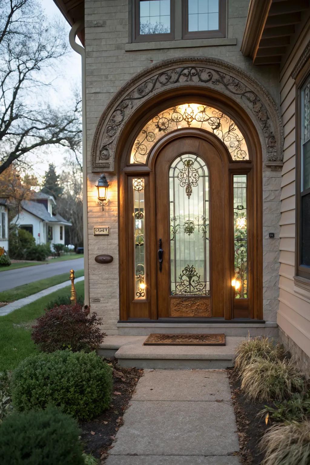 An arched front door providing a unique and elegant entryway.