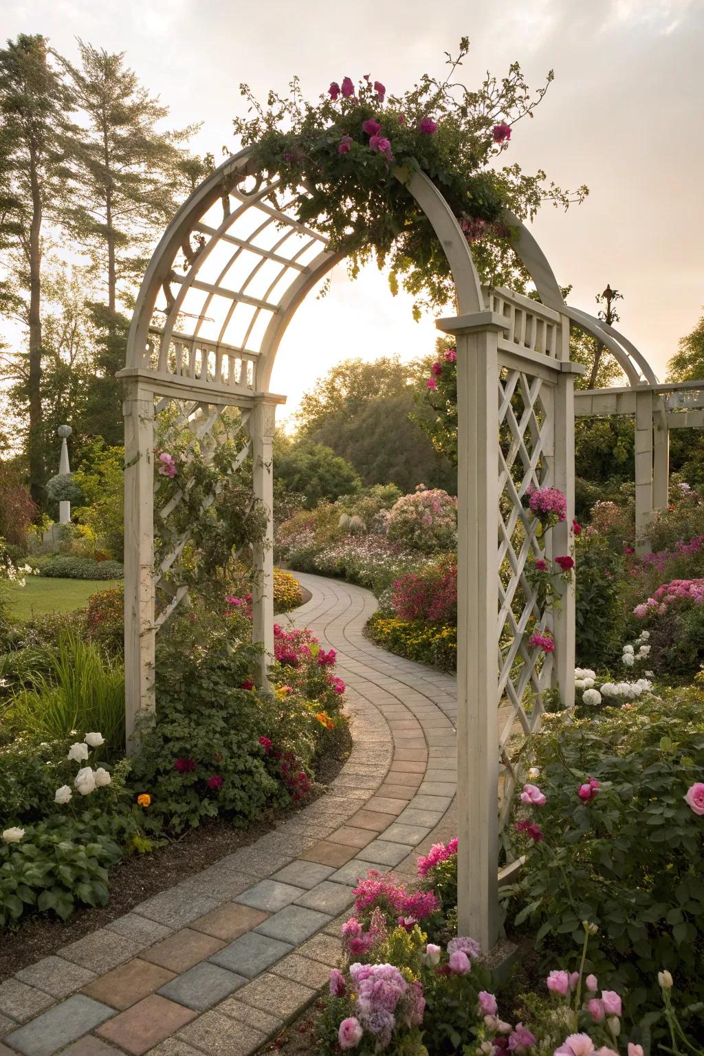 Artistic curves on an arbor add a whimsical and elegant touch to the garden.