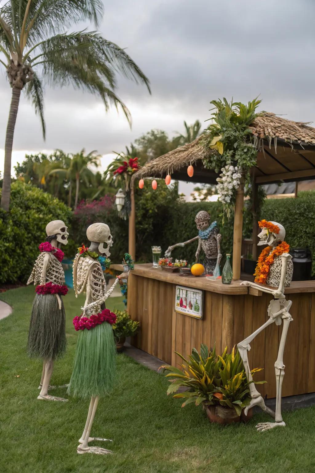 Skeletons enjoying a luau party, bringing a tropical twist to Halloween.