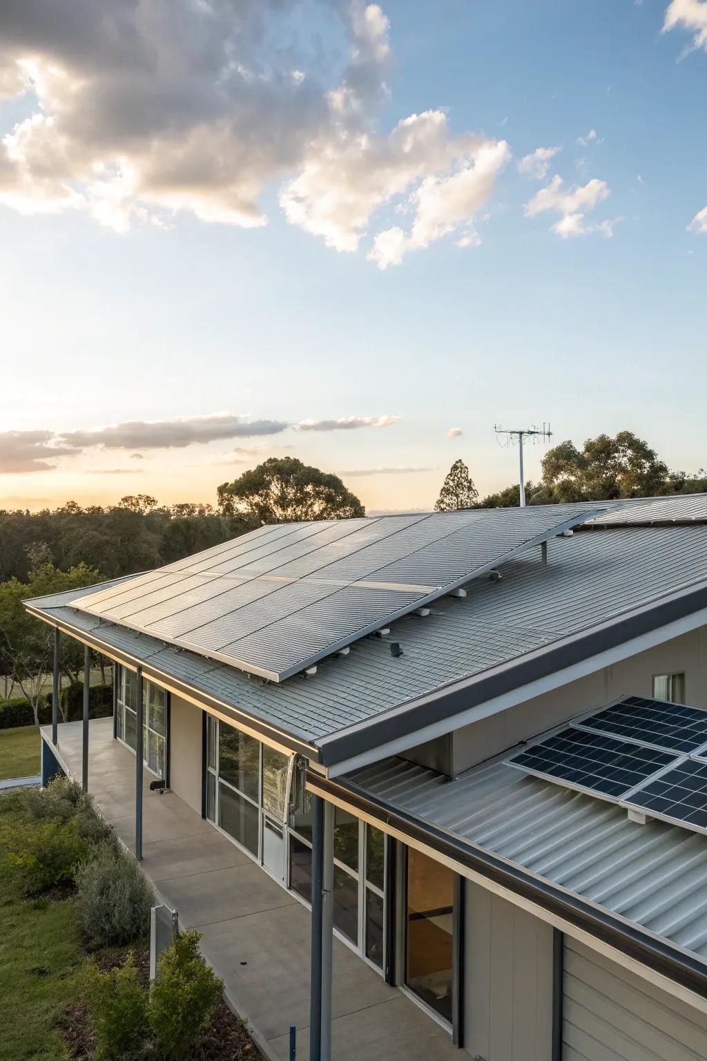 A skillion roof optimized with solar panels for efficient energy use.