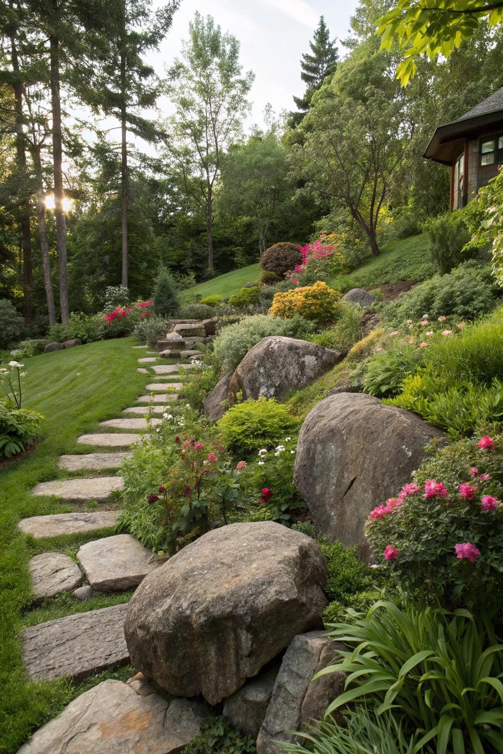 Boulders add dramatic beauty and function to sloped landscapes.