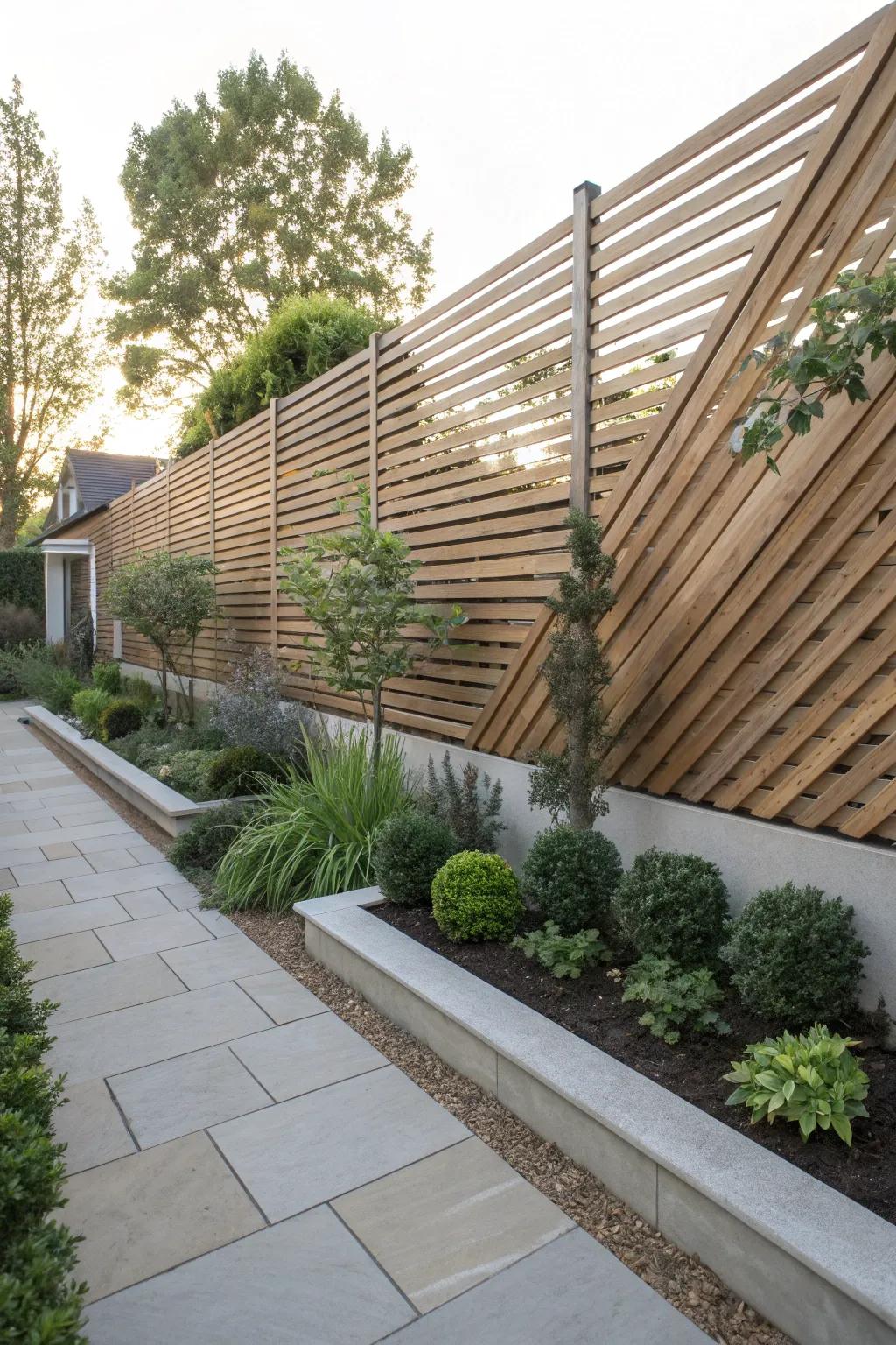 A contemporary garden featuring a slat fence with angled wooden slats.