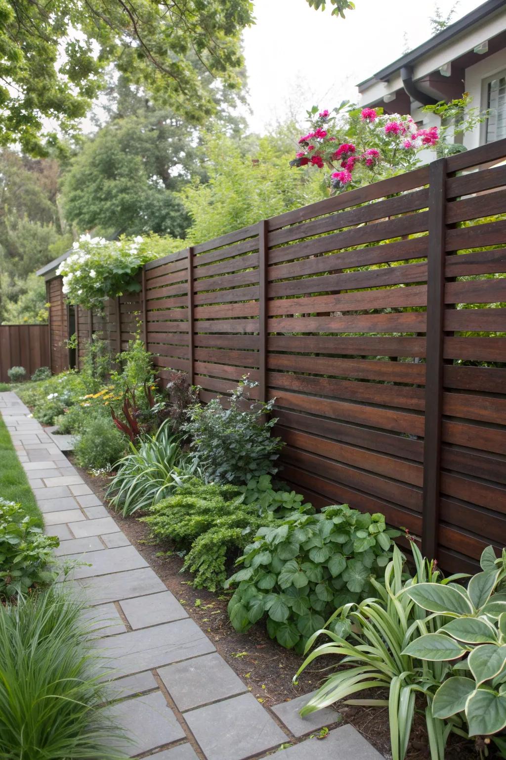 A warm and inviting garden with a dark mahogany-stained fence.