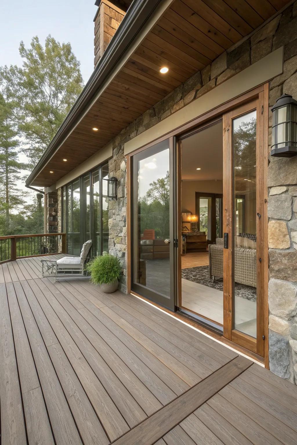 A deck with a mix of wooden and stone elements for added texture and interest.