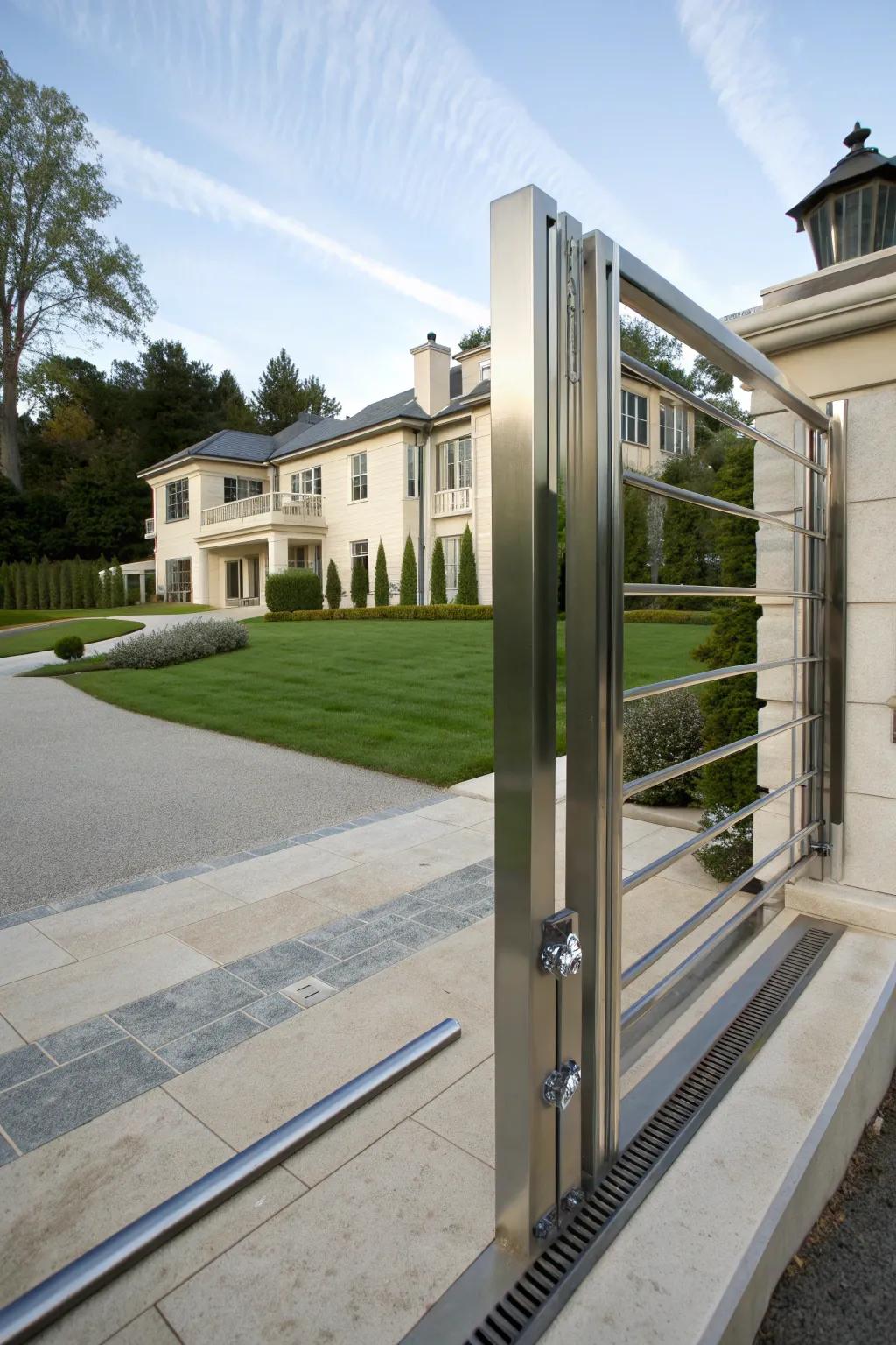 A contemporary sliding gate with modern finishes.