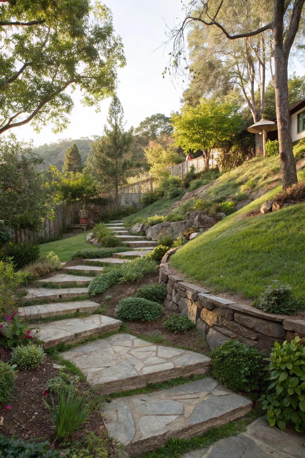 Pathways and steps add charm and function to a sloped backyard.