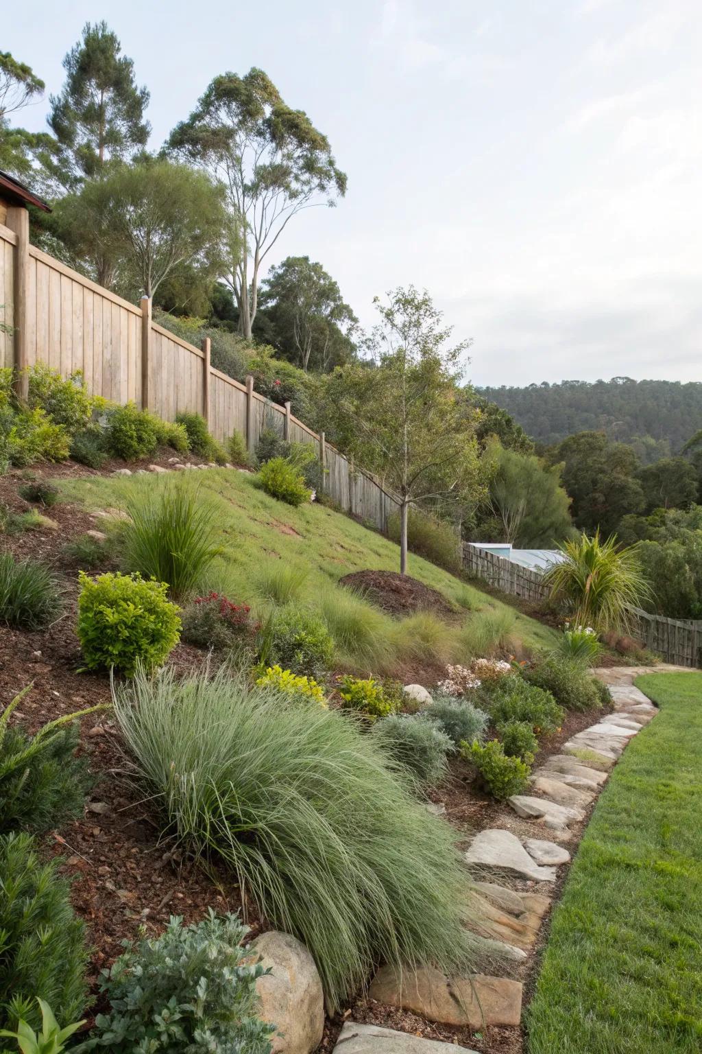 Natural landscaping that blends seamlessly with a sloped backyard.
