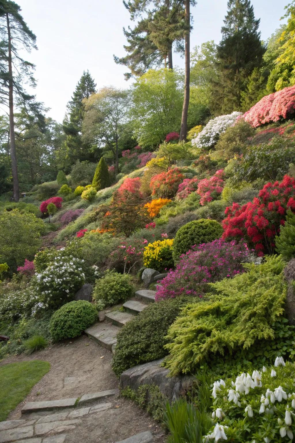 Lush planting adds vibrancy and texture to sloped landscapes.