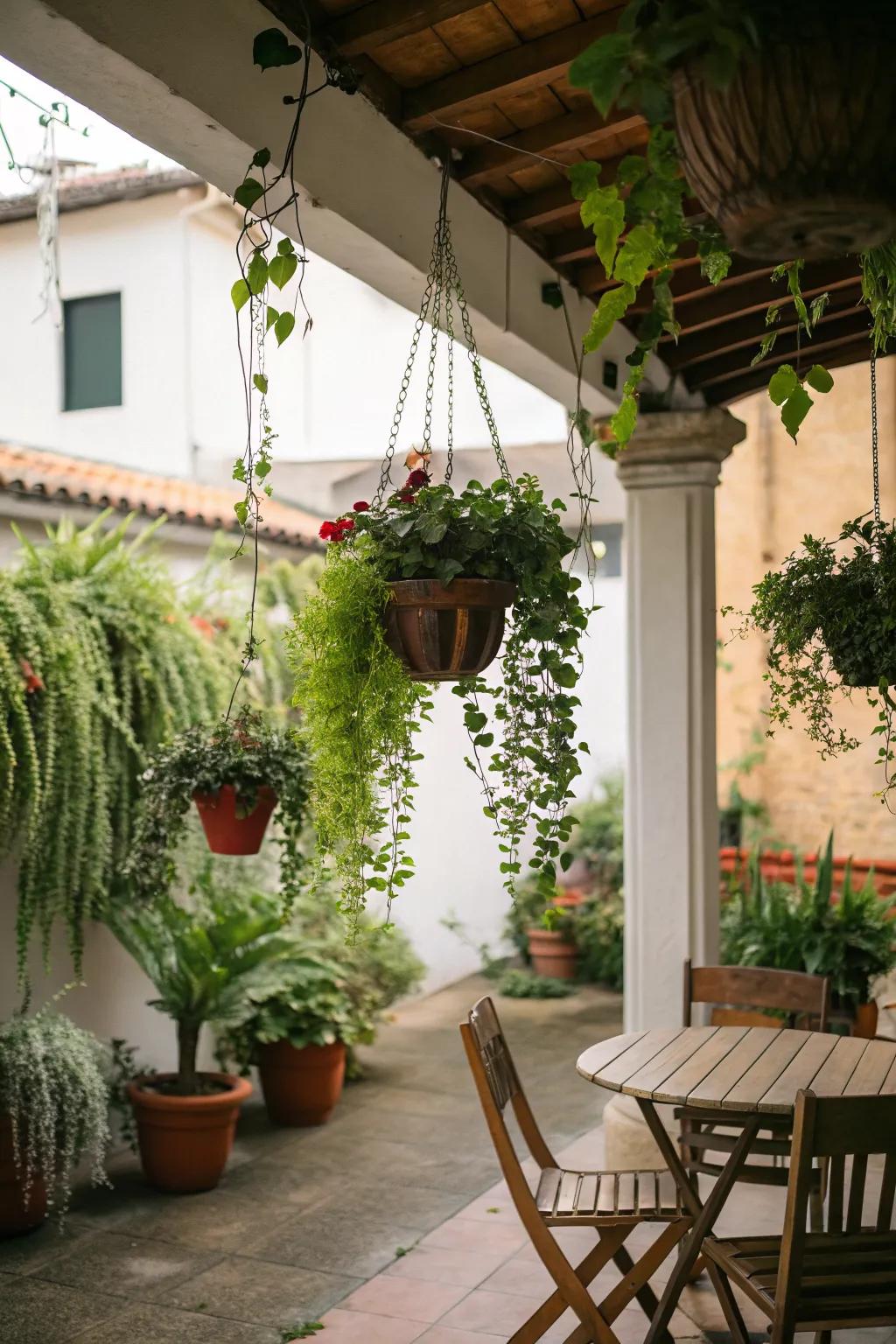 Hanging gardens add a whimsical touch to your patio.