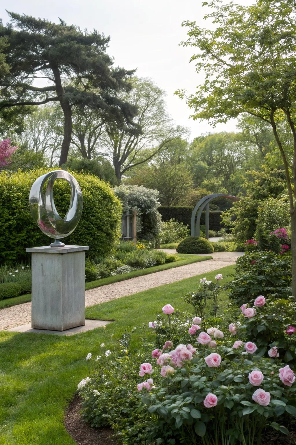 A modern sculpture serves as a focal point in a small garden.