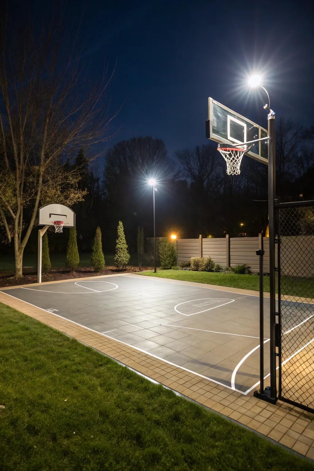 A well-lit basketball court for nighttime play