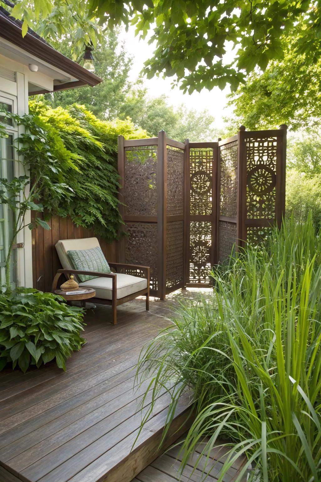 Create a private retreat with stylish screens and greenery.
