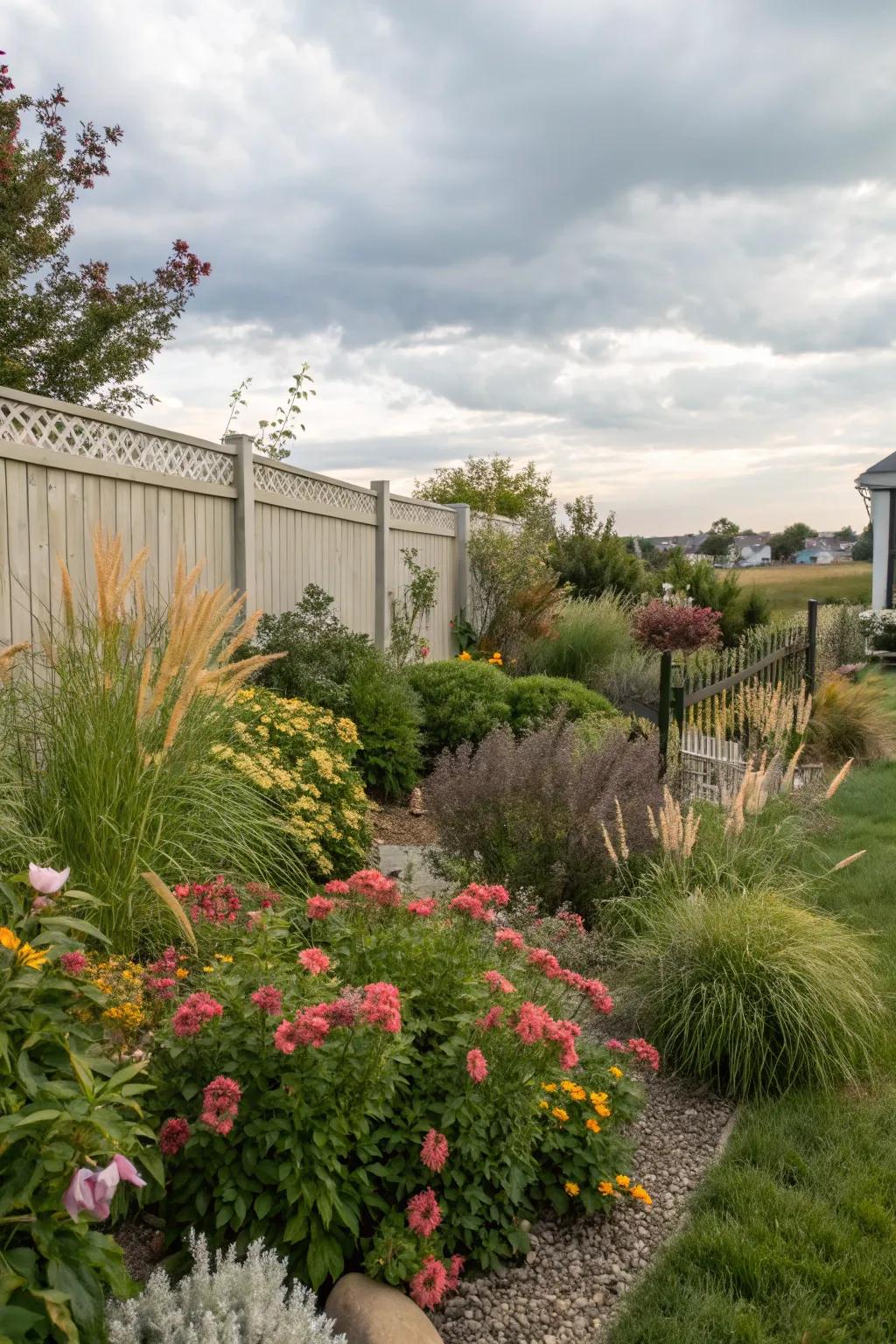 A diverse mix of plants adds texture and variety.