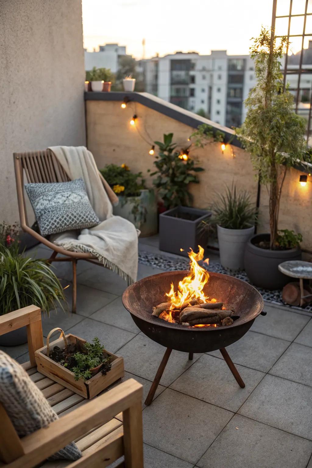 Versatile and portable fire bowl for flexible patio arrangements.