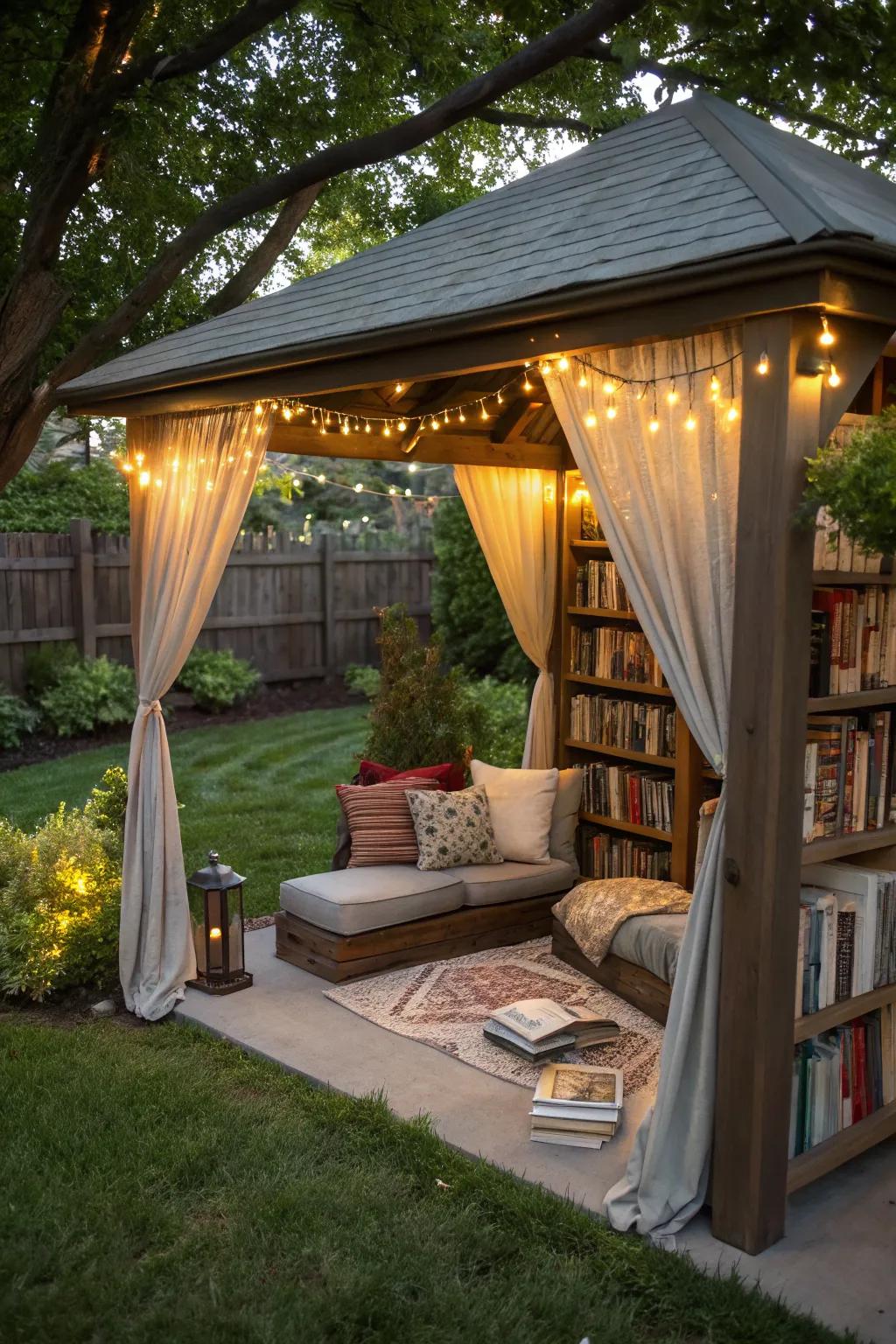 A tranquil reading nook tucked within a small pavilion.