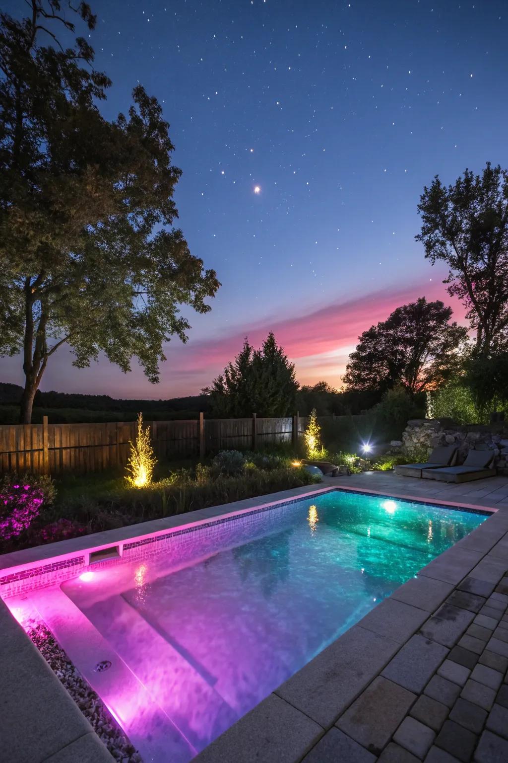 Enchanting evening swims with underwater lighting.