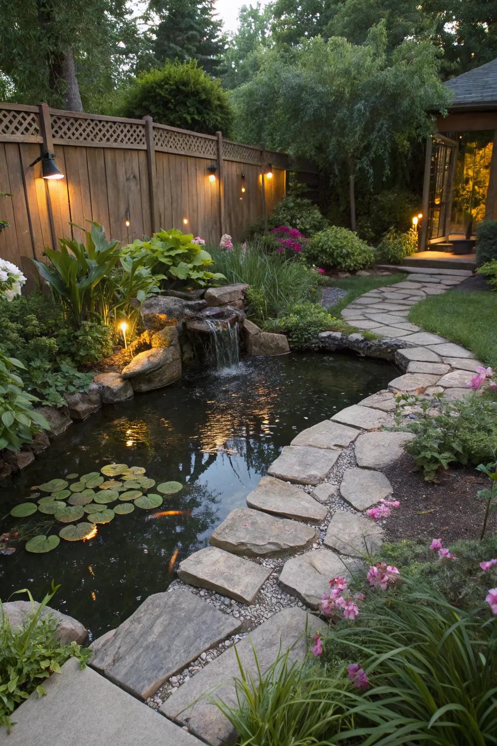 A backyard pond with an intriguing stone pathway.