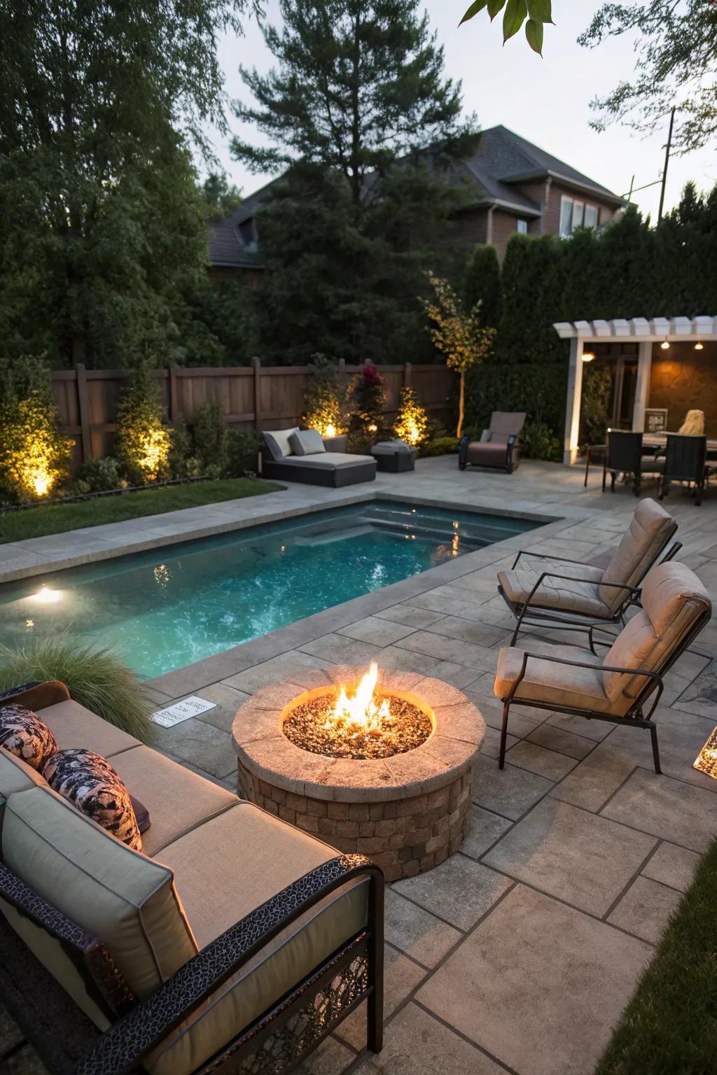 A fire pit adds warmth and a gathering spot near your pool.