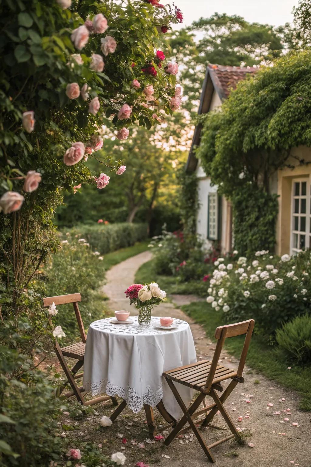 A bistro setup creates a cozy dining nook in your rose garden.
